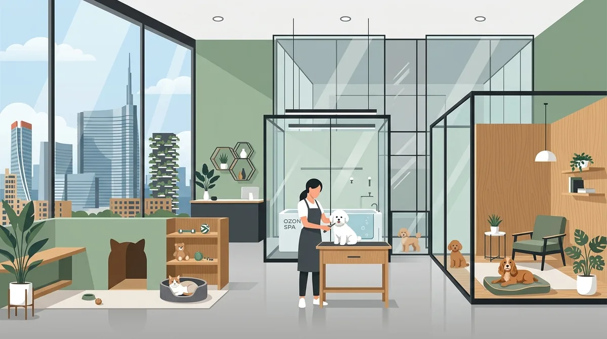 Illustrazione dog sitter professionista in parco milanese con cani al guinzaglio e toelettatura moderna