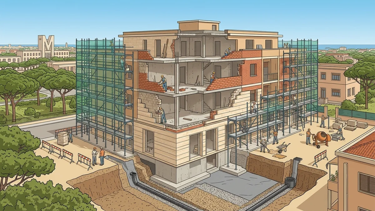 Spaccato architettonico cantiere opere edili e consolidamento strutturale a Latina