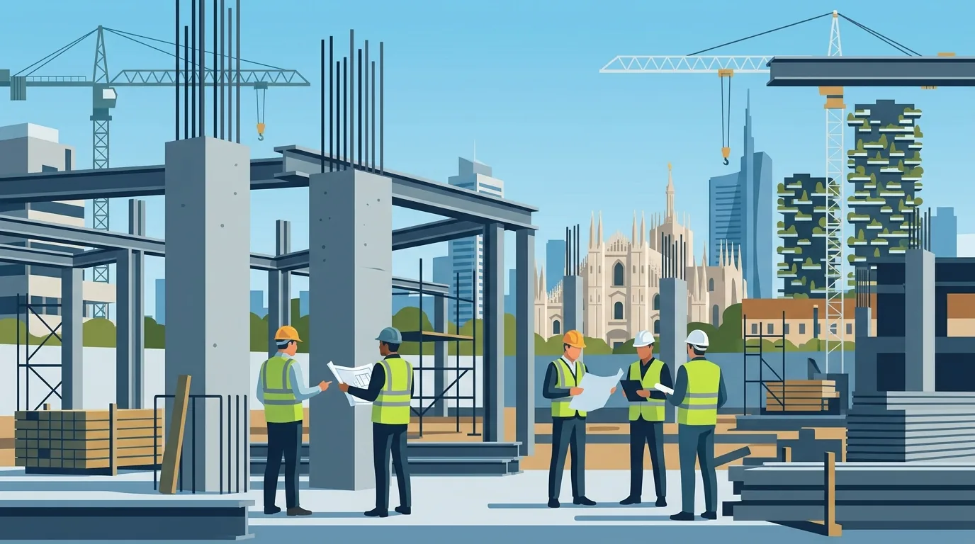Disegno stilizzato ponteggi e opere edili strutturali su facciate urbane a Milano