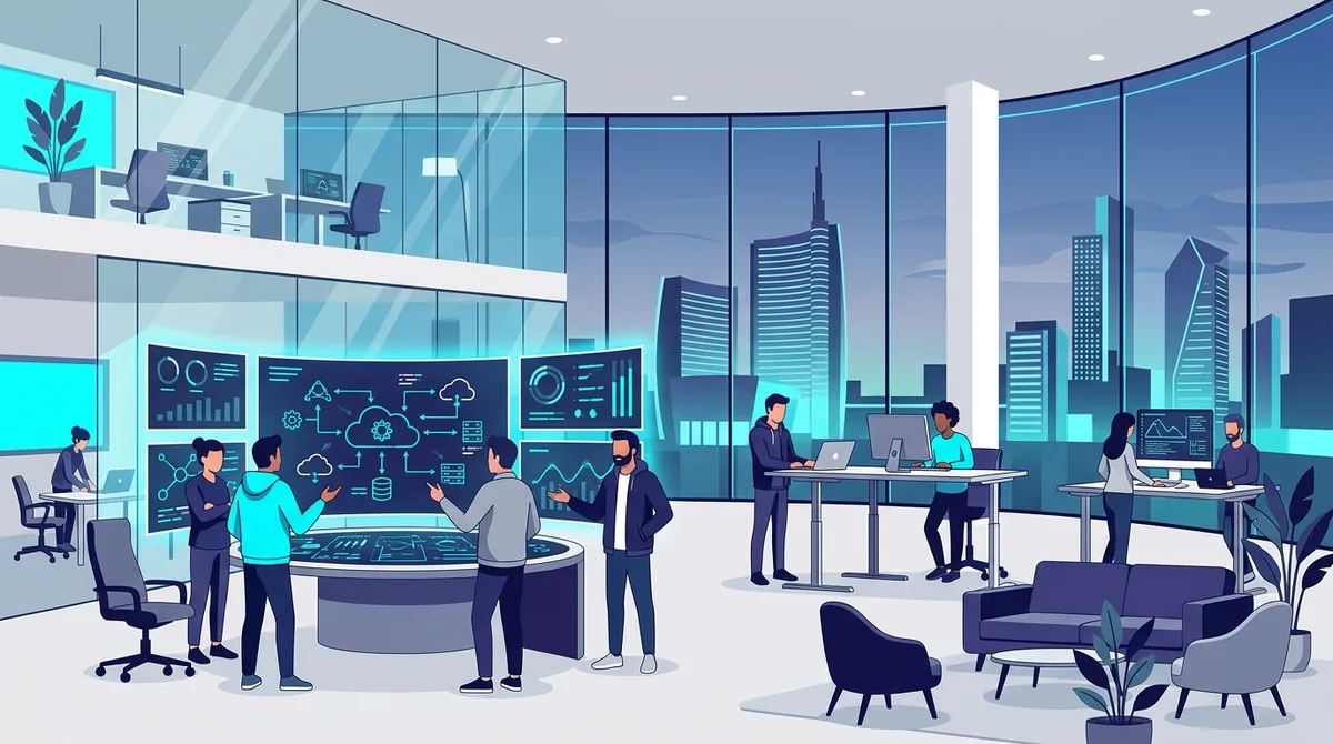 Illustrazione spazio coworking milanese con team di sviluppatori IT e dashboard marketing multicanale