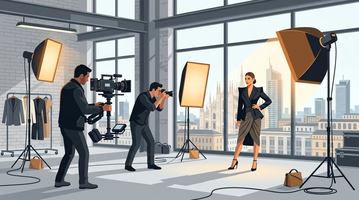 Illustrazione fotografo e videomaker professionista sul set durante evento aziendale a Milano