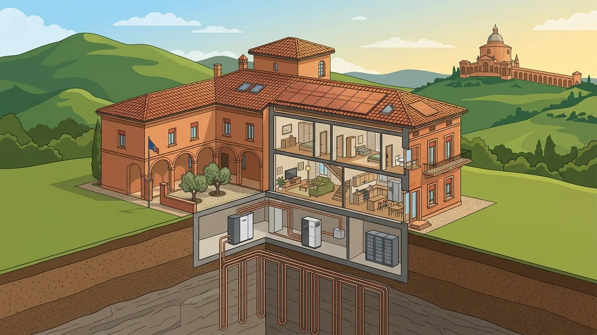 Spaccato architettonico pannelli fotovoltaici e pompa di calore idronica a Bologna