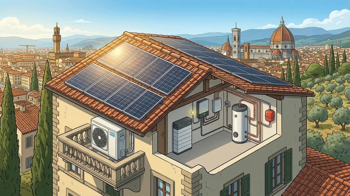 Spaccato architettonico pannelli fotovoltaici e pompa di calore idronica a Firenze