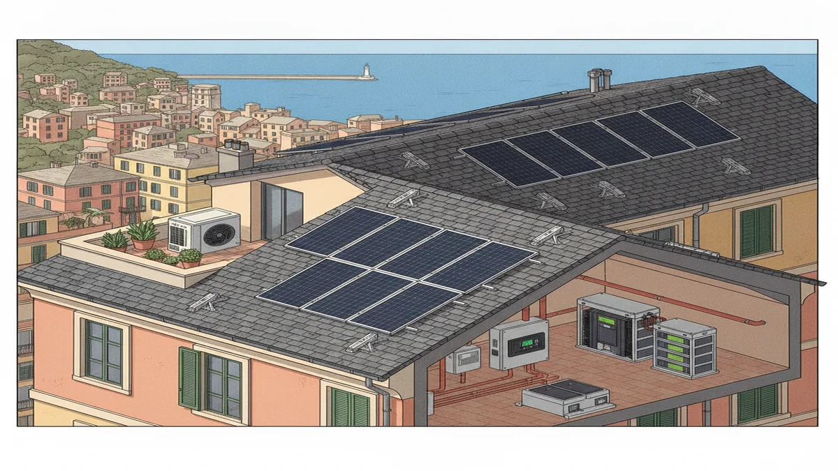Spaccato architettonico pannelli fotovoltaici e pompa di calore idronica a Genova