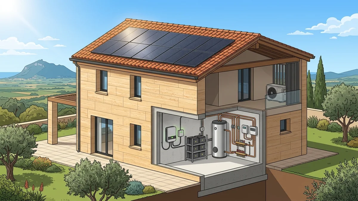 Spaccato architettonico pannelli fotovoltaici e pompa di calore idronica a Latina