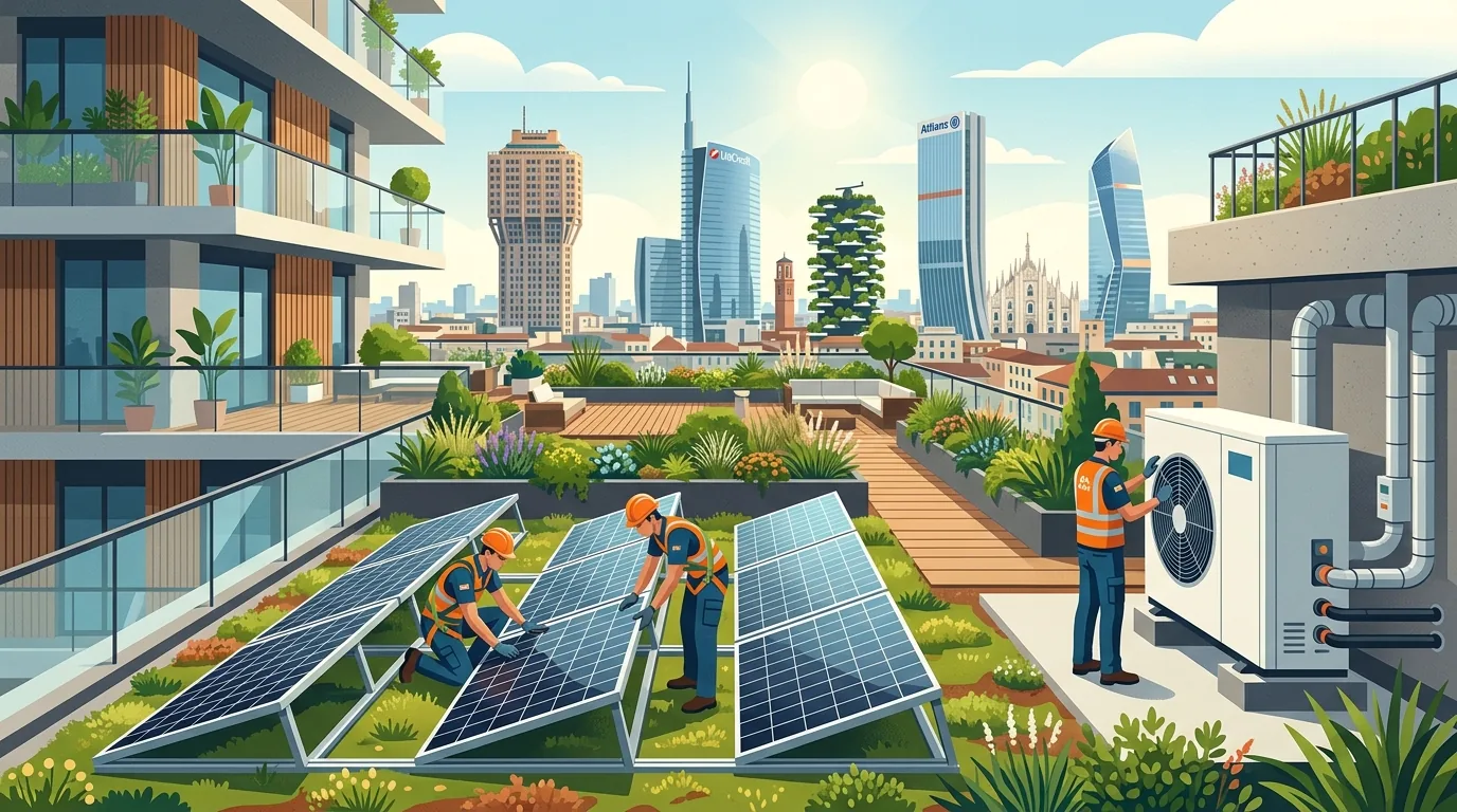 Disegno stilizzato impianto fotovoltaico con accumulo e pompa di calore per transizione ecologica a Milano