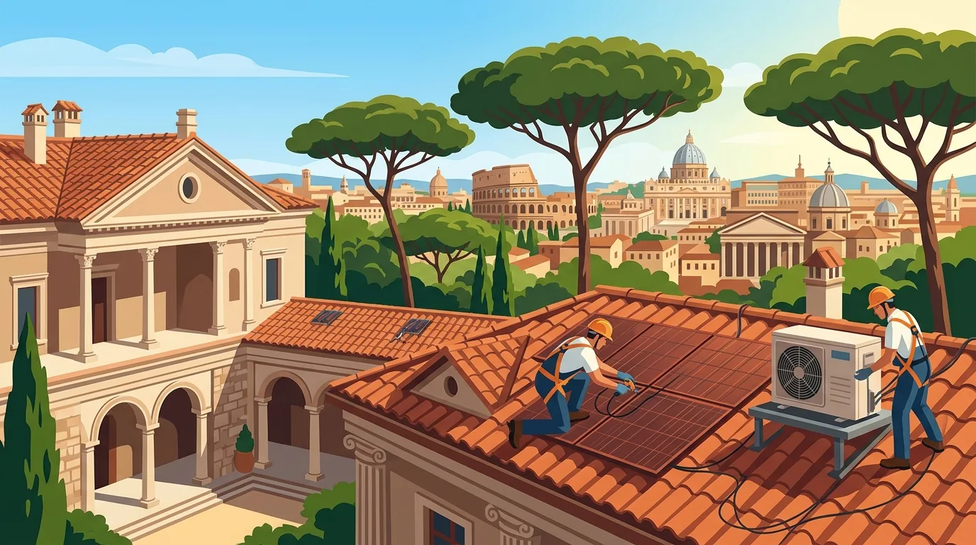Spaccato architettonico pannelli fotovoltaici e pompa di calore idronica a Roma
