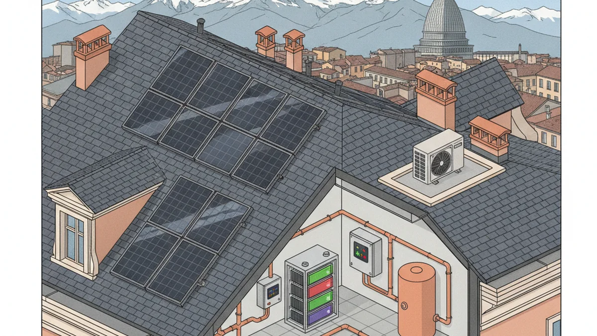 Spaccato architettonico pannelli fotovoltaici e pompa di calore idronica a Torino