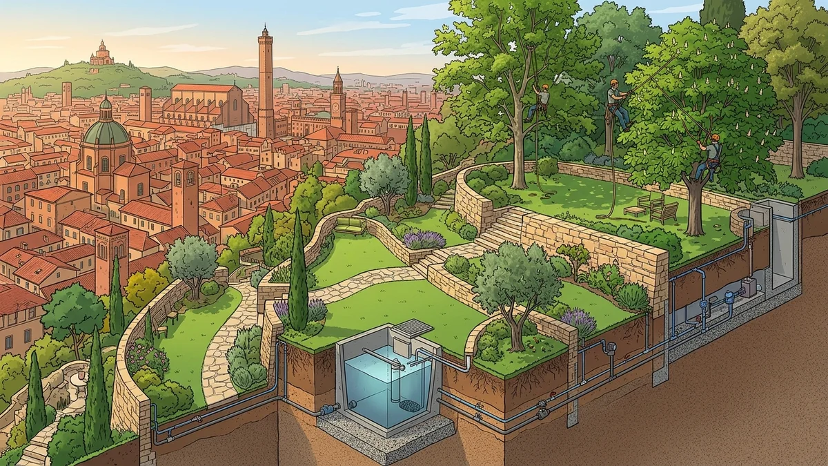 Paesaggio giardini e ville bolognesi con pini domestici e terrazze fiorite a Bologna