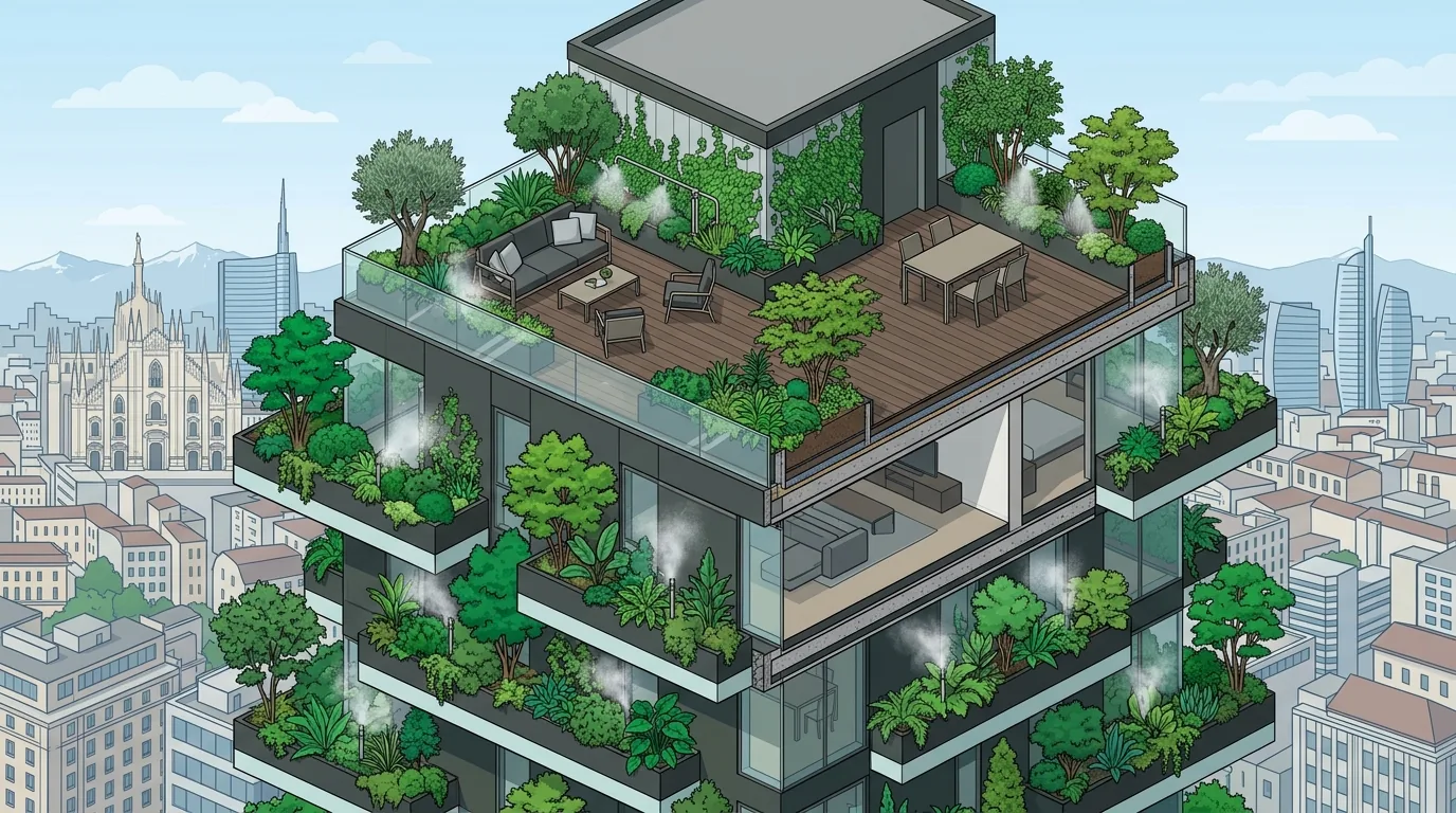 Disegno isometrico terrazza con giardino pensile, fioriere su misura e irrigazione automatica a Milano