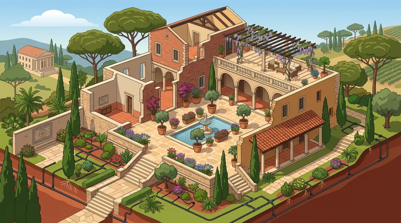 Paesaggio giardini e ville capitoline con pini domestici e terrazze fiorite a Roma