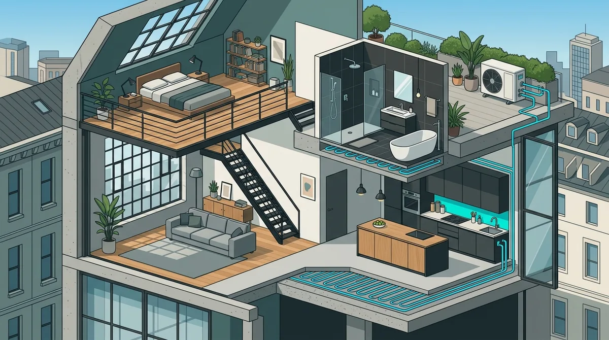 Disegno stilizzato spaccato assonometrico loft moderno milanese con impianti all-electric e pompa di calore