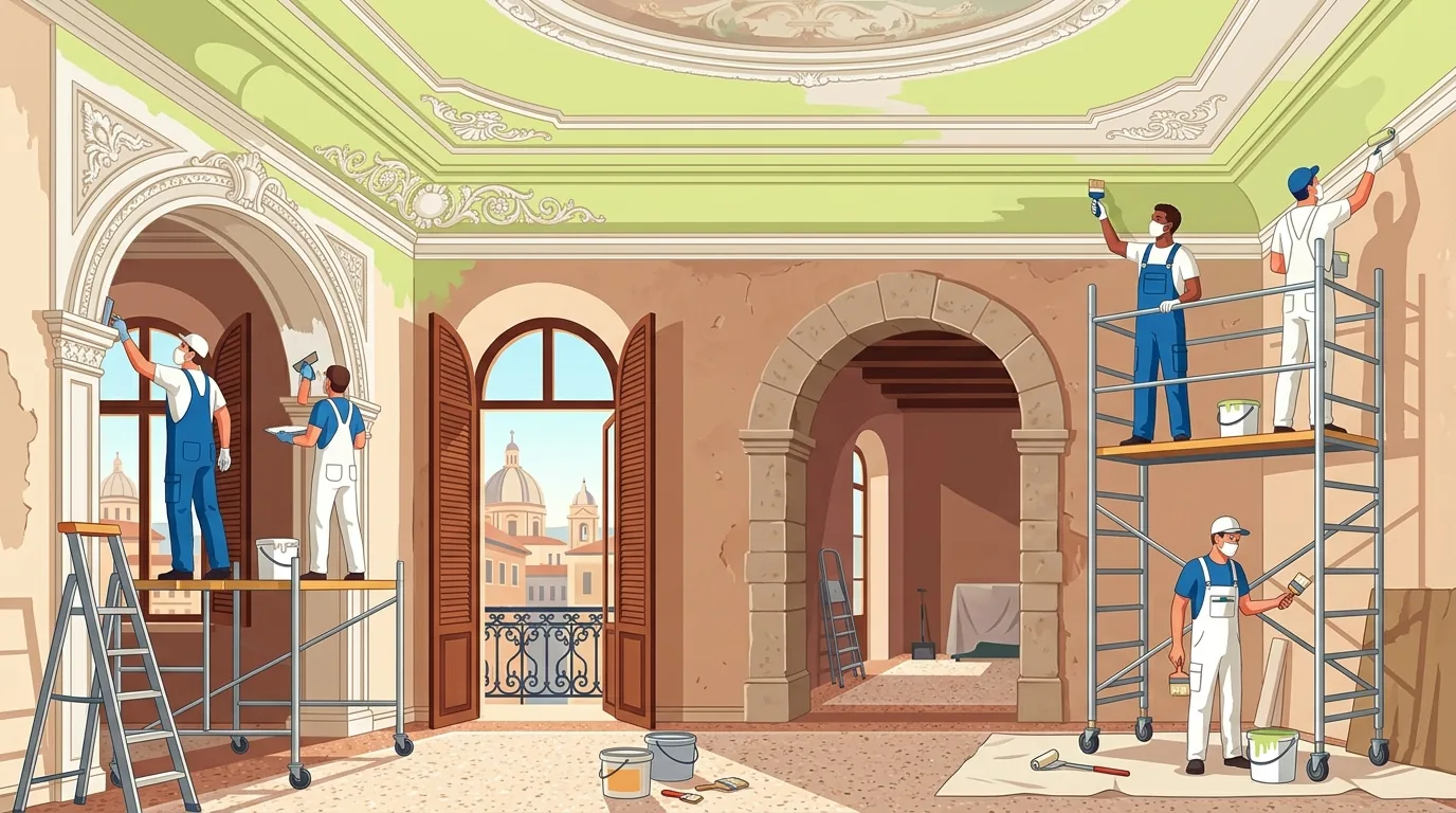 Spaccato architettonico tinteggiatura a calce su tufo e controsoffitti in cartongesso a Roma
