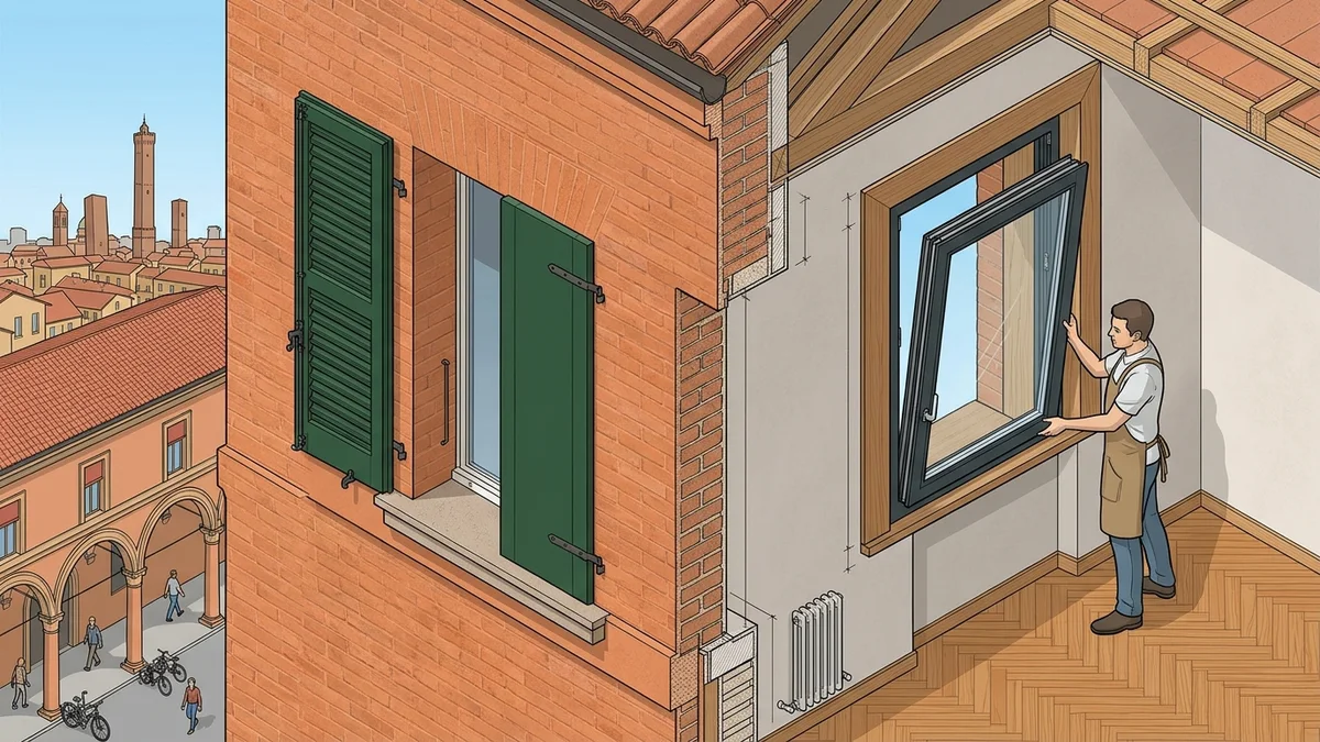 Spaccato architettonico infissi centinati e isolamento acustico serramenti a Bologna