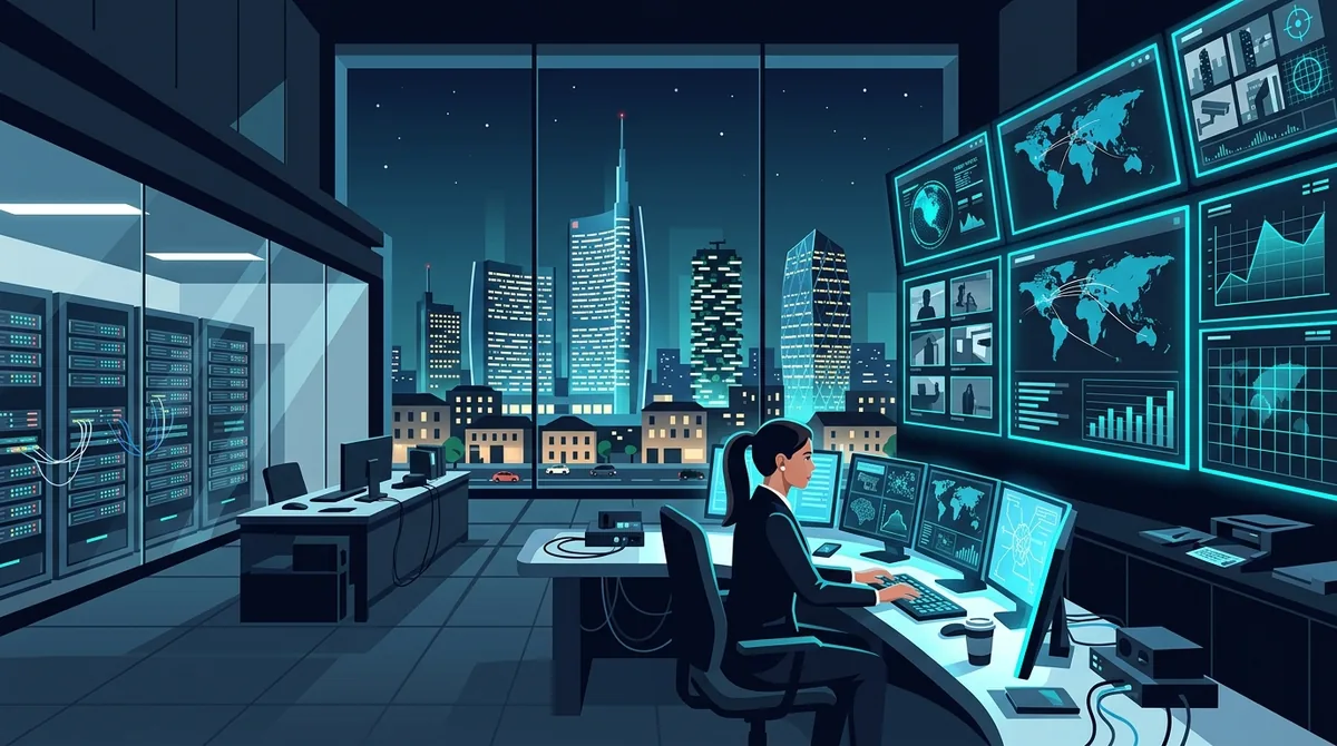 Illustrazione centrale operativa sicurezza, cybersecurity e bonifica microspie tecnologica a Milano