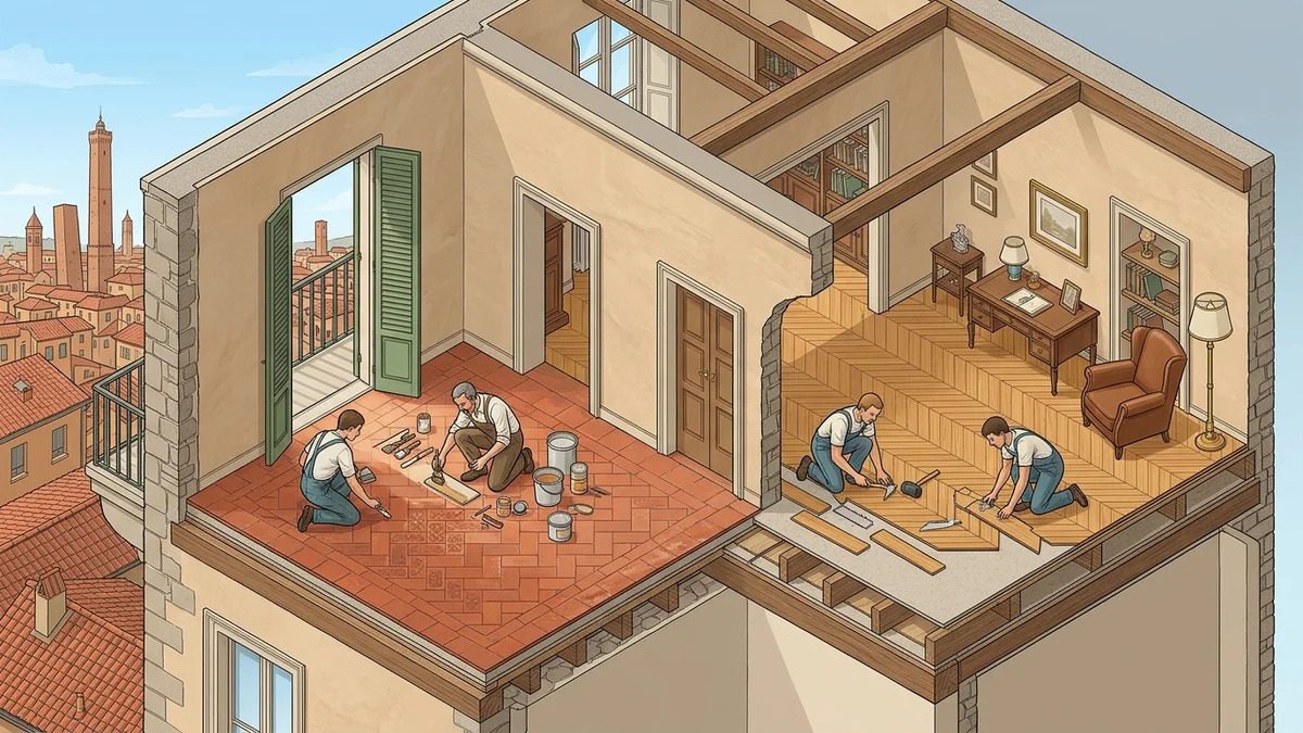 Spaccato architettonico posa pavimenti e restauro parquet d'epoca a Bologna