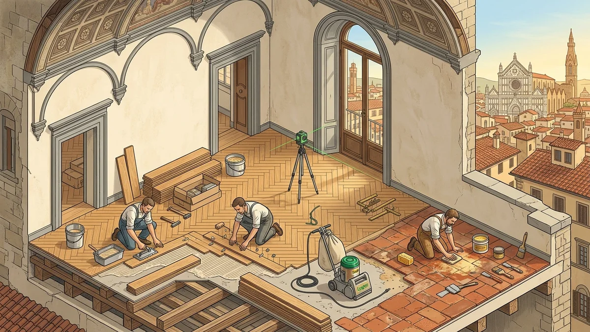 Spaccato architettonico posa pavimenti e restauro parquet d'epoca a Firenze