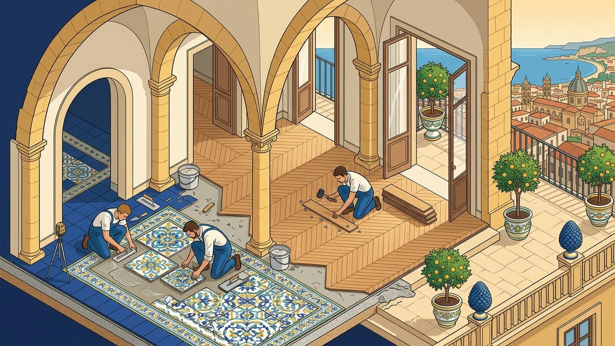 Spaccato architettonico posa pavimenti e restauro parquet d'epoca a Palermo