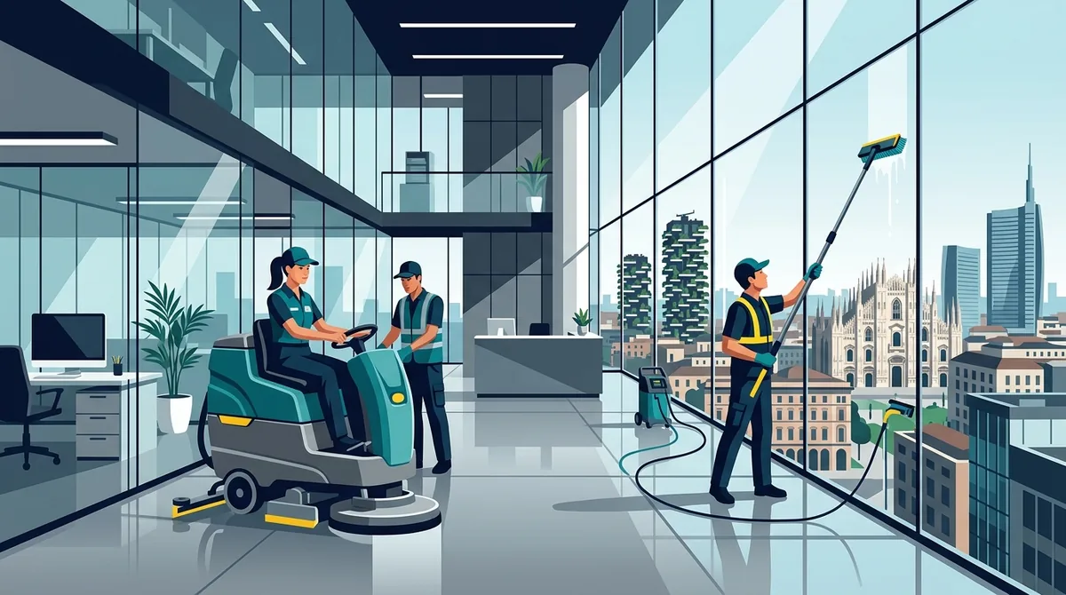 Illustrazione servizi pulizia professionale e logistica sgombero furgonato in strada milanese