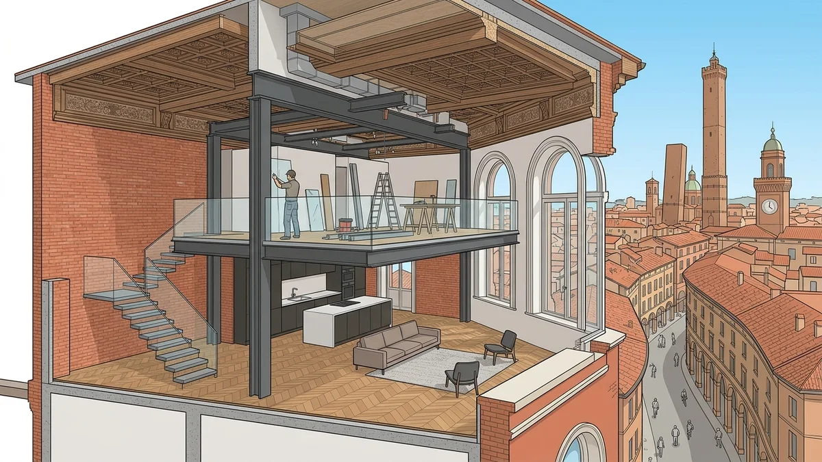 Spaccato architettonico cantiere ristrutturazione casa a Bologna con murature in tufo e travi d'epoca