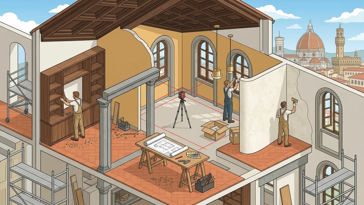 Spaccato architettonico cantiere ristrutturazione casa a Firenze con murature in Pietra Serena e travi d'epoca