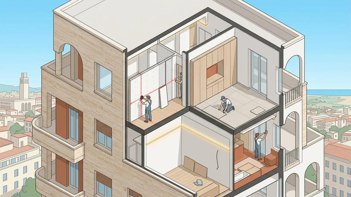 Spaccato architettonico cantiere ristrutturazione casa a Latina con murature in tufo e travi d'epoca