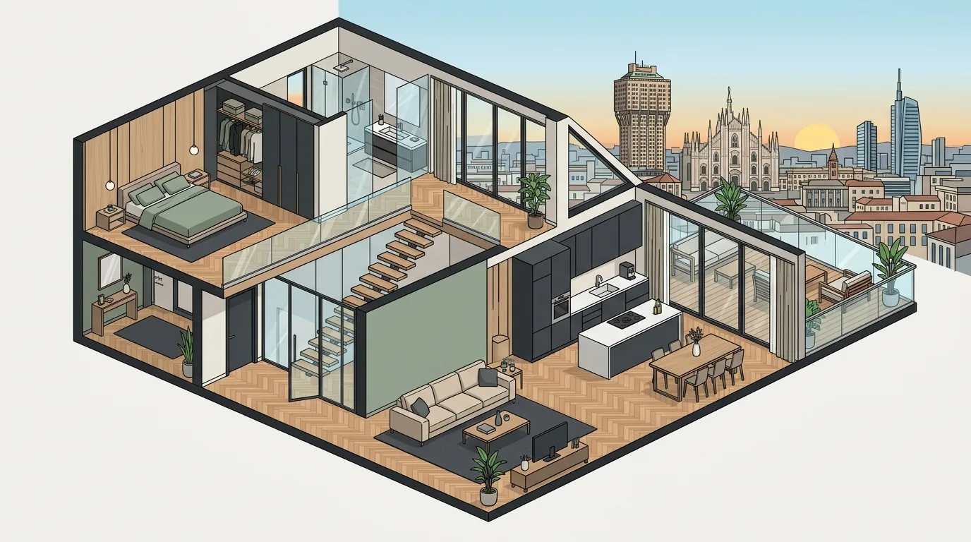 Disegno stilizzato cantiere di ristrutturazione architettonica e rigenerazione urbana a Milano