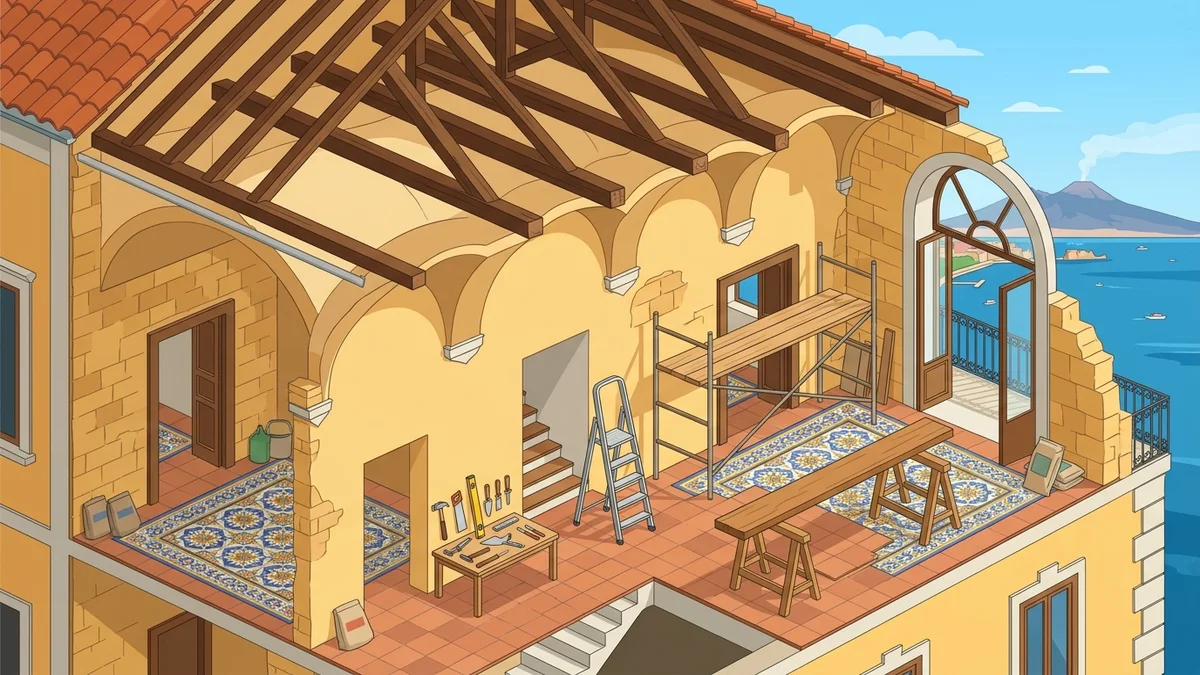 Spaccato architettonico cantiere ristrutturazione casa a Napoli con murature in tufo e travi d'epoca