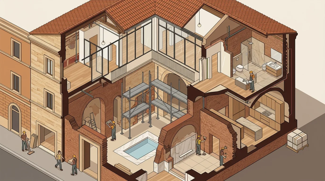 Spaccato architettonico cantiere ristrutturazione casa a Roma con murature in tufo e travi d'epoca