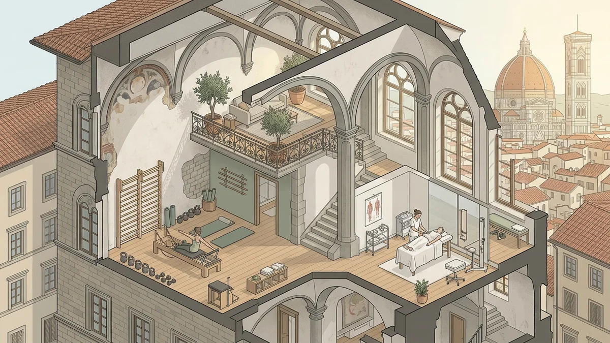 Disegno stilizzato sessione di yoga e wellness all'aperto sui prati di Firenze con il skyline della città sullo sfondo
