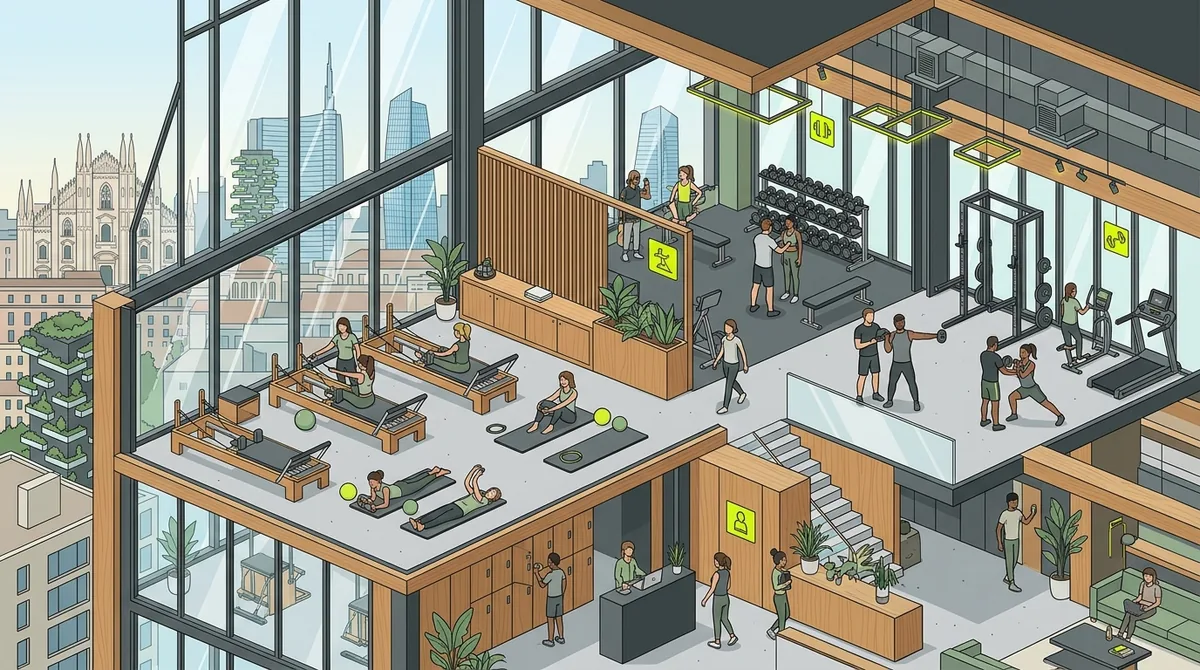 Disegno stilizzato boutique fitness gym e studio pilates a Milano con vista skyline CityLife