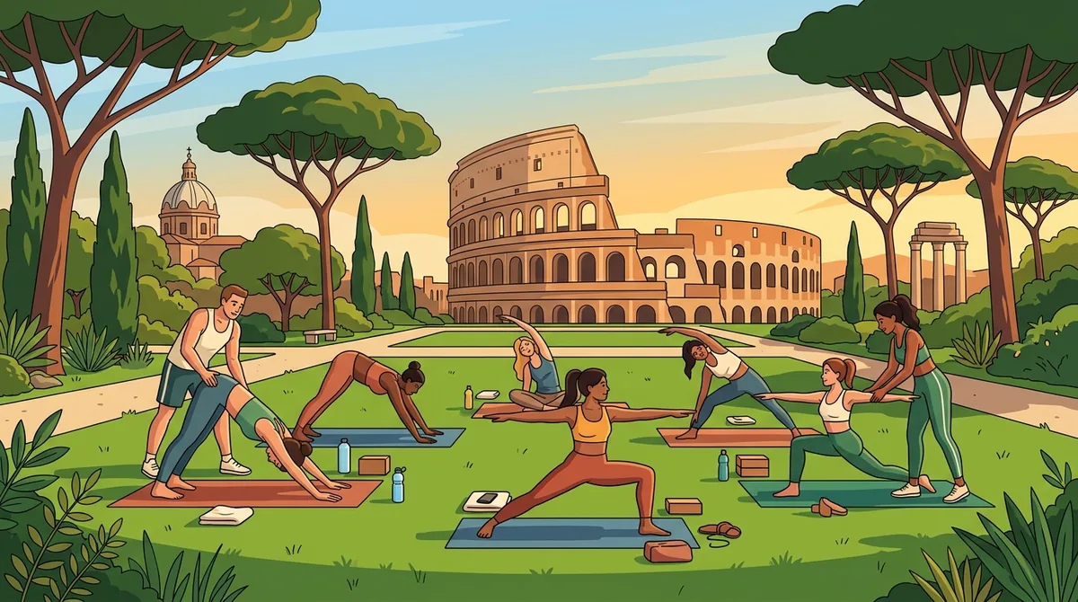 Disegno stilizzato sessione di yoga e wellness all'aperto sui prati di Roma con il Colosseo sullo sfondo