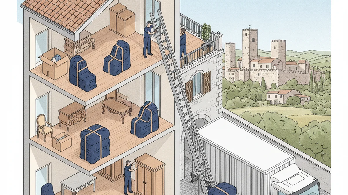 Operazioni di trasloco professionale con scala aerea e furgoni autorizzati a Fondi