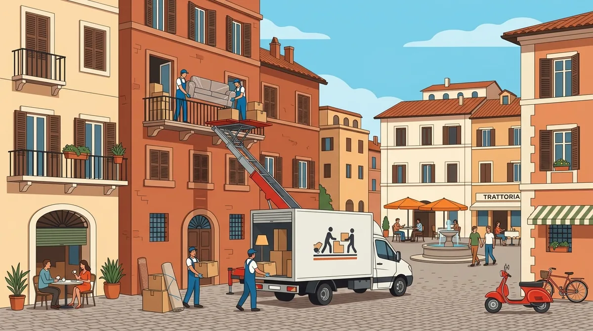 Operazioni di trasloco professionale con scala aerea e furgoni autorizzati a Roma